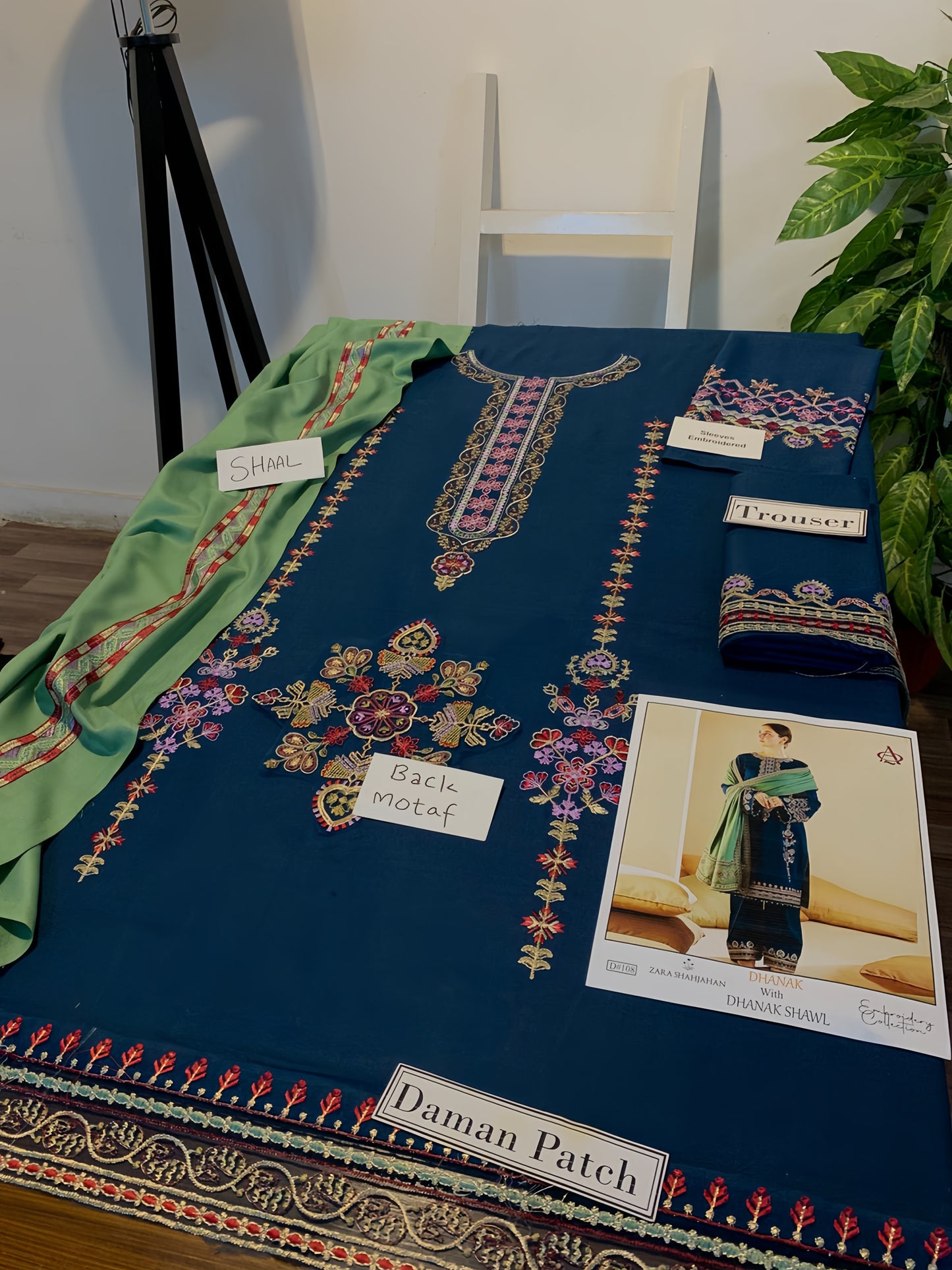 Emerald Teal Dhanak Embroidered 3PC with Green Shawl