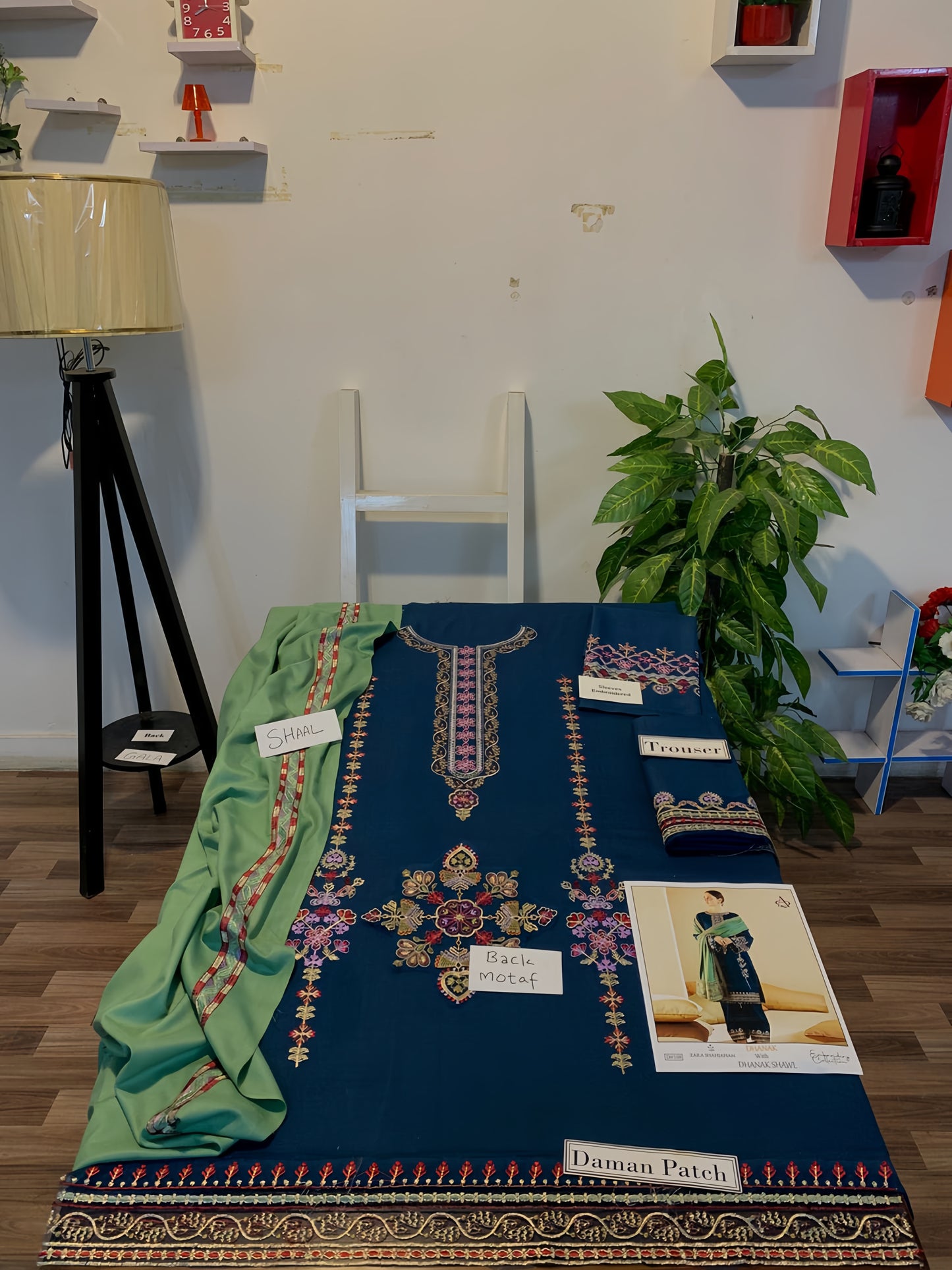 Emerald Teal Dhanak Embroidered 3PC with Green Shawl