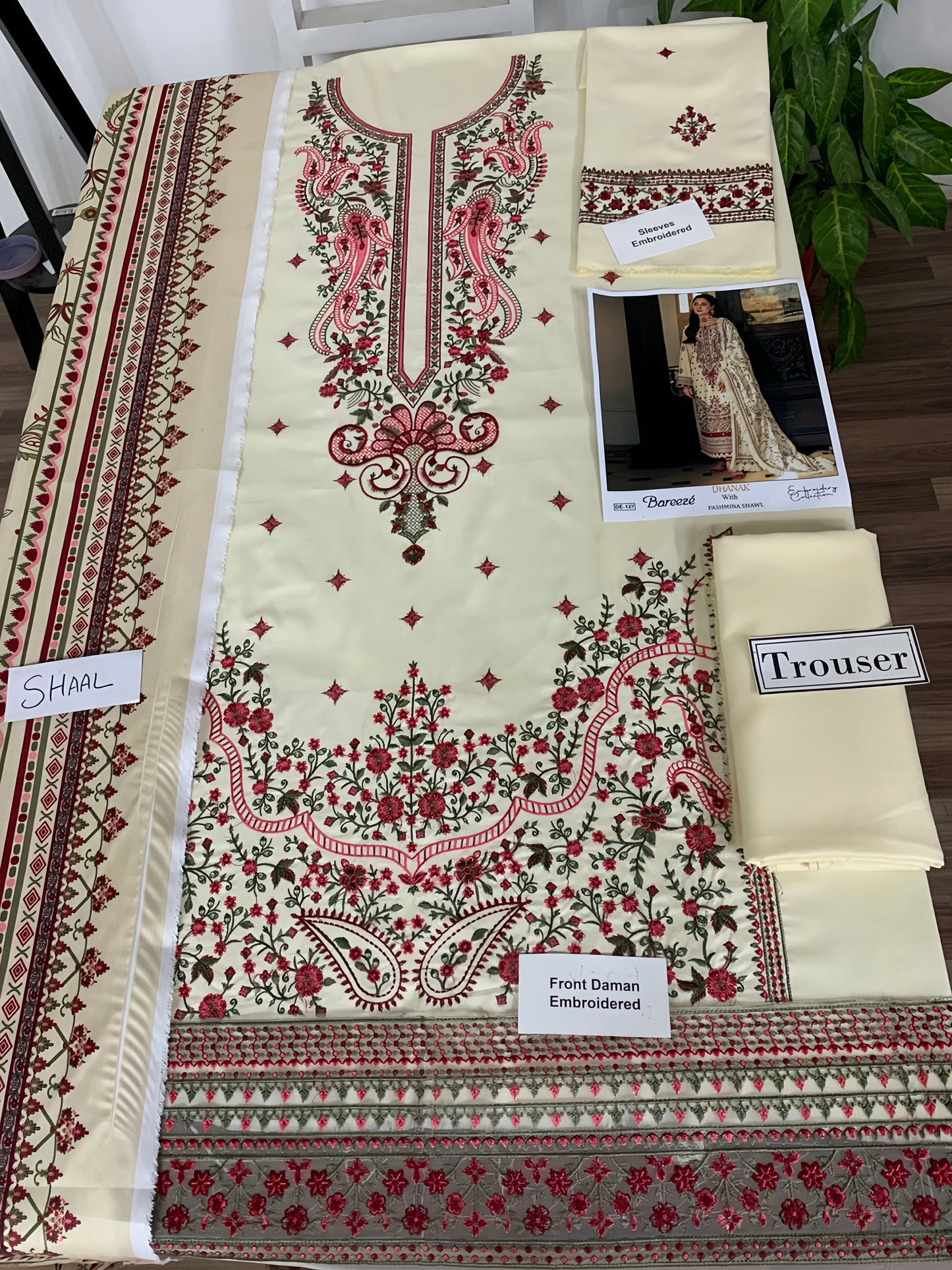 Embroider Dhanaked 3-Piece Suit with Pashmina Shawl