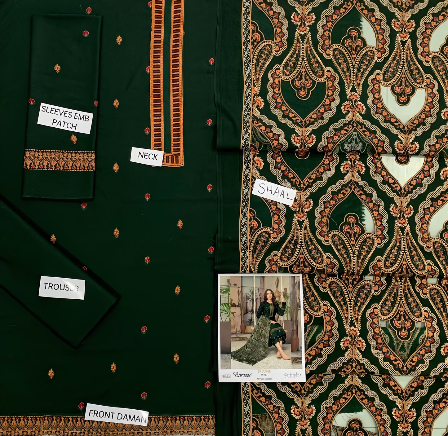 Dhanak Embroidered 3-Piece Suit with Heavy Embroidered Applica Shawl