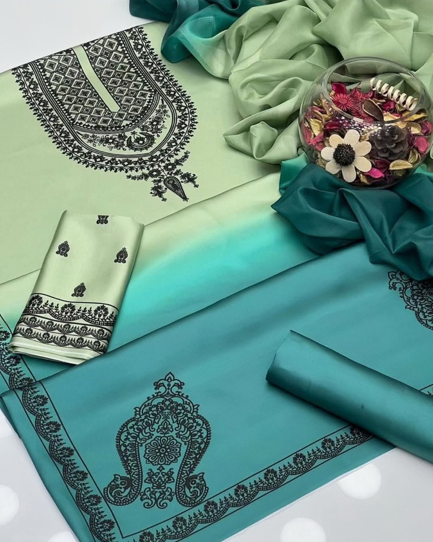 Embroidered Green & Turquoise 3-Piece Suit with Elegant Dupatta