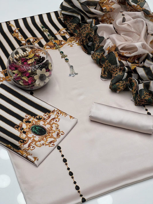 Striped & Embroidered 3-Piece Suit with Rich Printed Duppatta