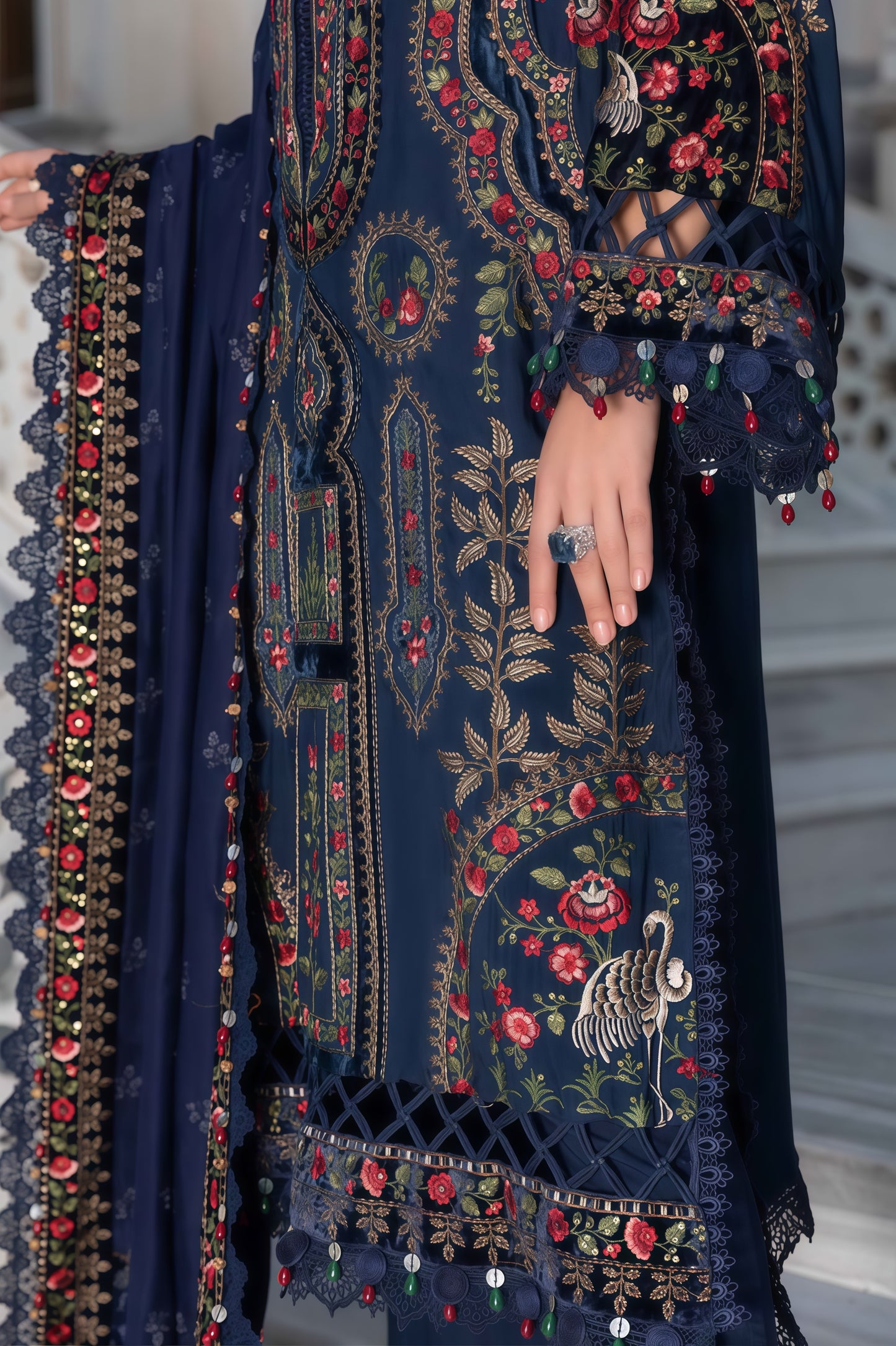 Heavy Embroidered Dhanak Suit with Shawl & Trouser