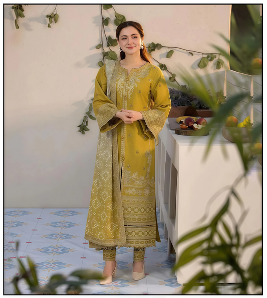 Shoya D#113 | Dhanak Embroidered Suit with Shawl & Trouser