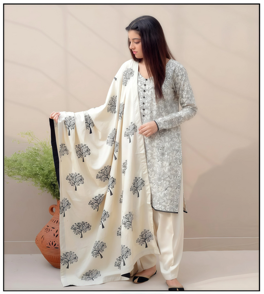 Kastoor D#117 | Dhanak Embroidered Suit with Printed Shawl & Trouser