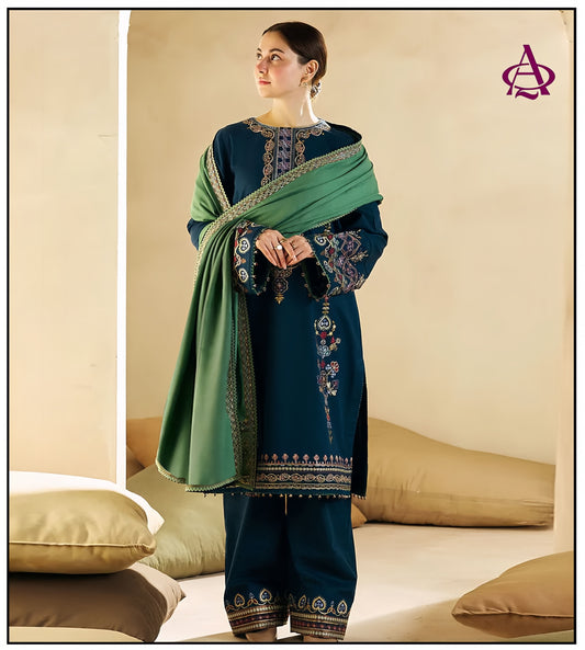 Emerald Teal Dhanak Embroidered 3PC with Green Shawl
