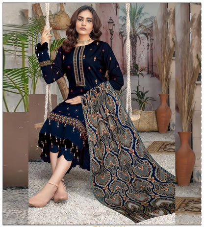Dhanak Embroidered 3-Piece Suit with Heavy Embroidered Applica Shawl