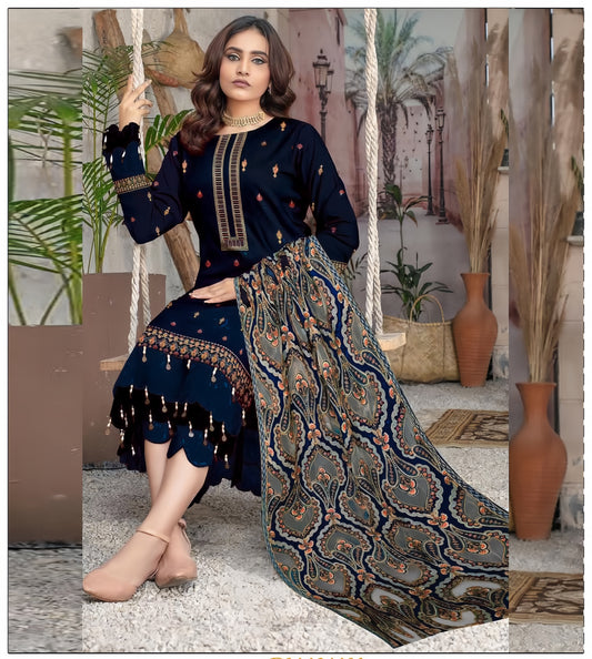 Dhanak Embroidered 3-Piece Suit with Heavy Embroidered Applica Shawl