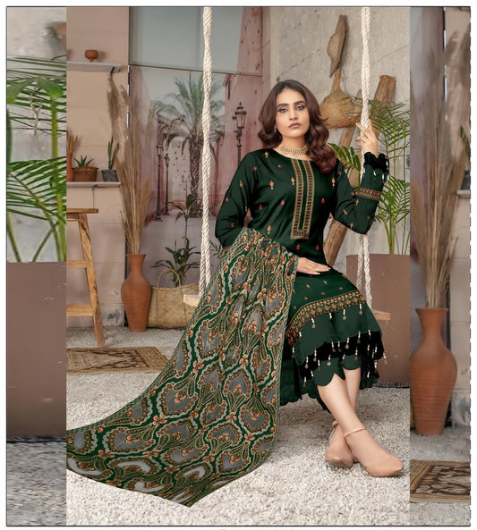 Dhanak Embroidered 3-Piece Suit with Heavy Embroidered Applica Shawl