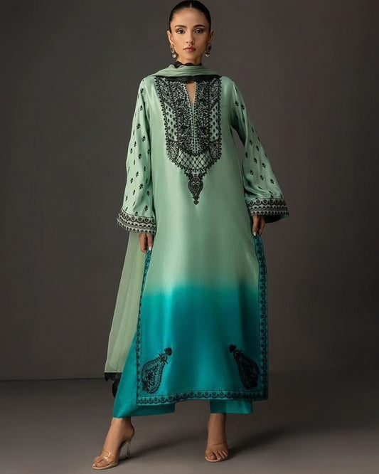 Embroidered Green & Turquoise 3-Piece Suit with Elegant Dupatta