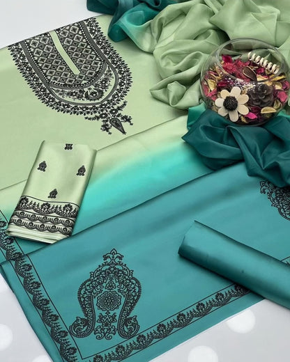 Embroidered Green & Turquoise 3-Piece Suit with Elegant Dupatta