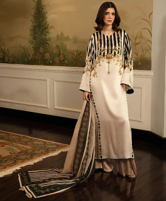 Striped & Embroidered 3-Piece Suit with Rich Printed Duppatta