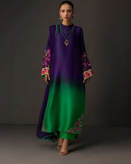 Embroidered Purple & Green 3-Piece Suit