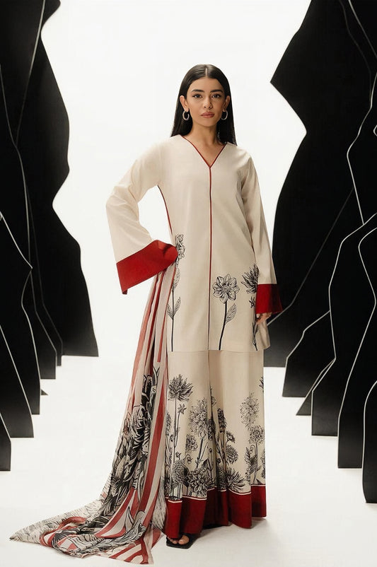 Floral Printed 3-Piece Suit with Contrasting Red & Black Duppatta