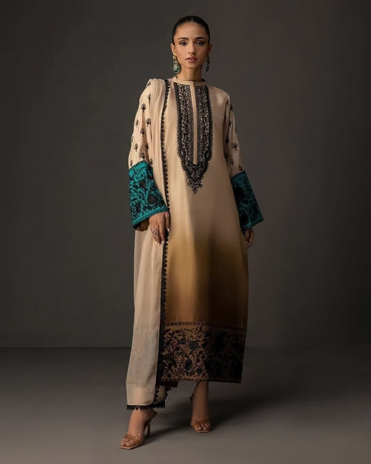 Embroidered Beige & Teal 3-Piece Suit with Elegant Dupatta