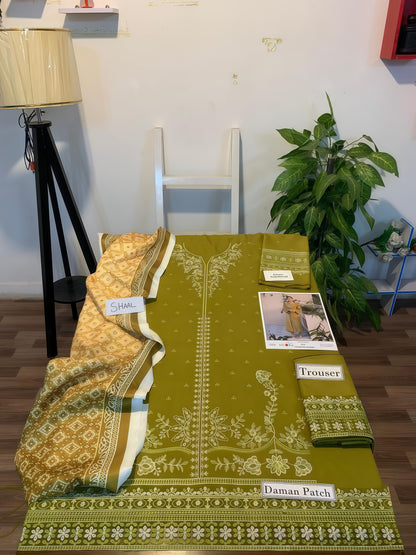 Shoya D#113 | Dhanak Embroidered Suit with Shawl & Trouser