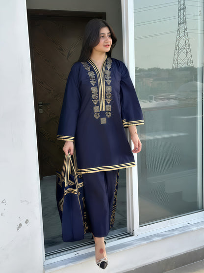 Lulusar Most Demanding Edition - 2PCS Unstitched Dhank Suit | Navy Blue with Heavy Embroidered Neck