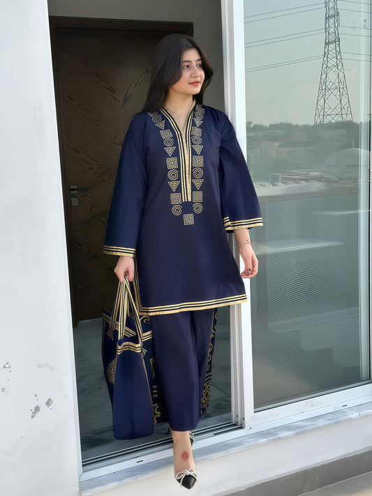 Lulusar Most Demanding Edition - 2PCS Unstitched Dhank Suit | Navy Blue with Heavy Embroidered Neck